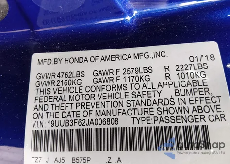 2018 Acura Tlx Tech A-Spec Pkgs from USA, damaged, VIN 19UUB3F62JA006808